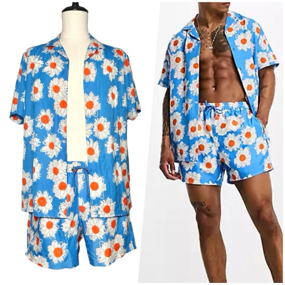 ASOS Design | Men | Floral Daisy Vacation Cruise Swimwear Top Short Set | L-XL